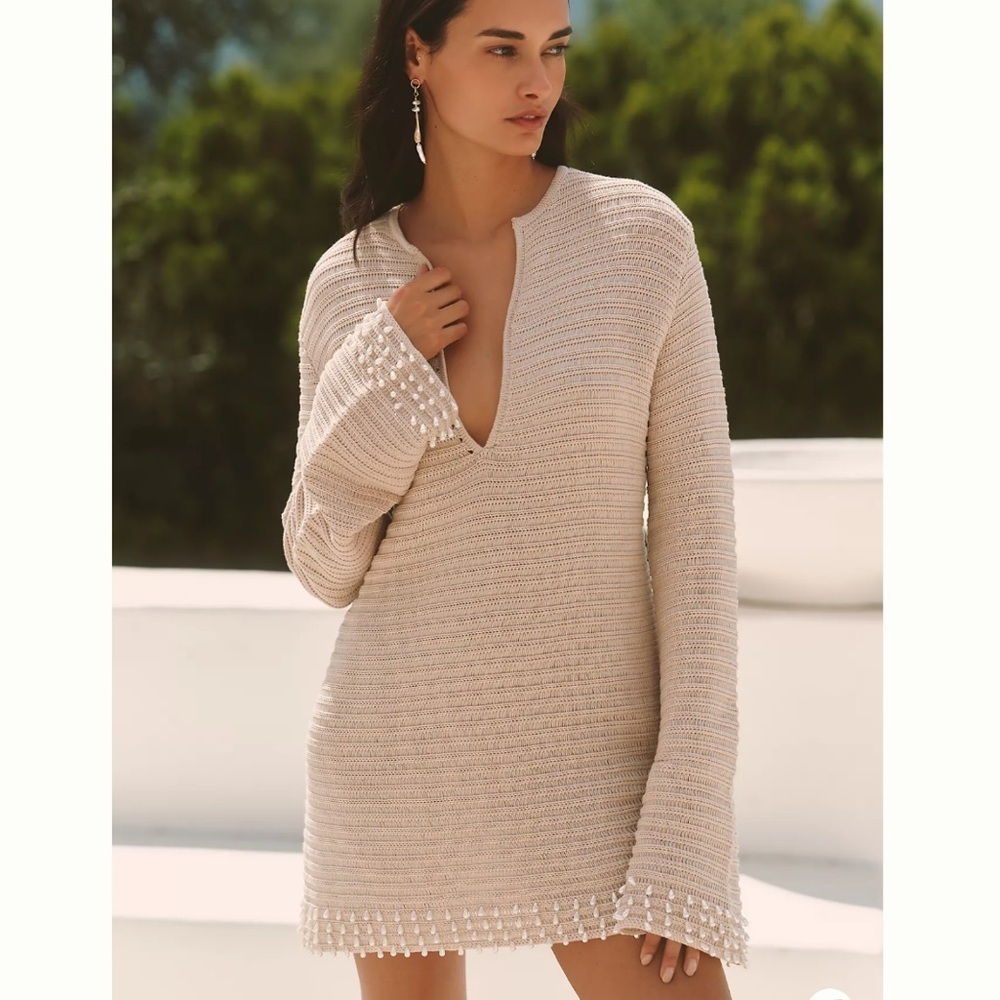 CELANDINE PEARL BEAD-TRIM KNIT LONG-SLEEVE MINI SHIFT DRESS Cream Tan